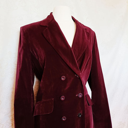 (80s) Burgundy cotton velvet peacoat - Size 12-14