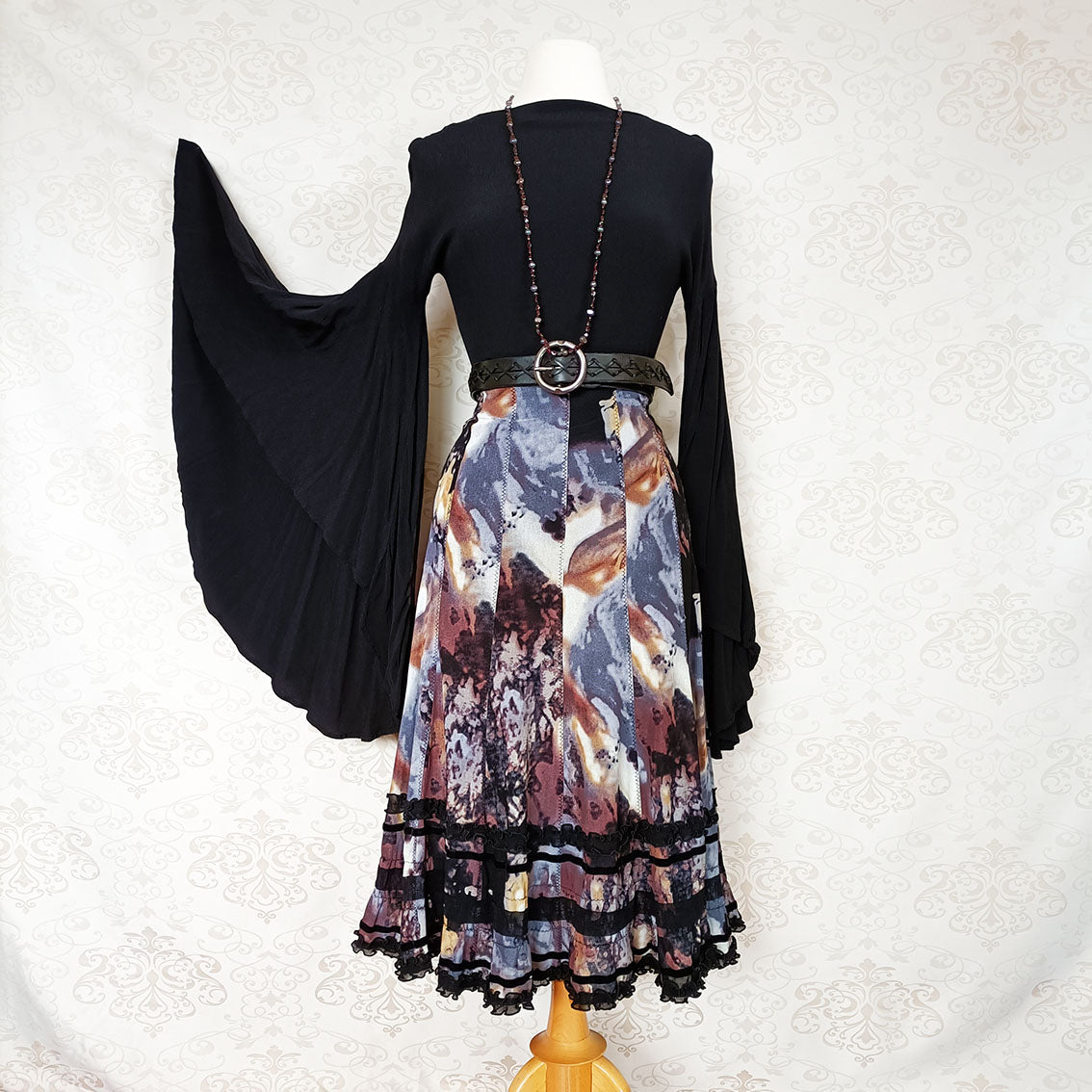 (y2k) Black grey cream abstract mesh midi/maxi skirt - Size 10-12