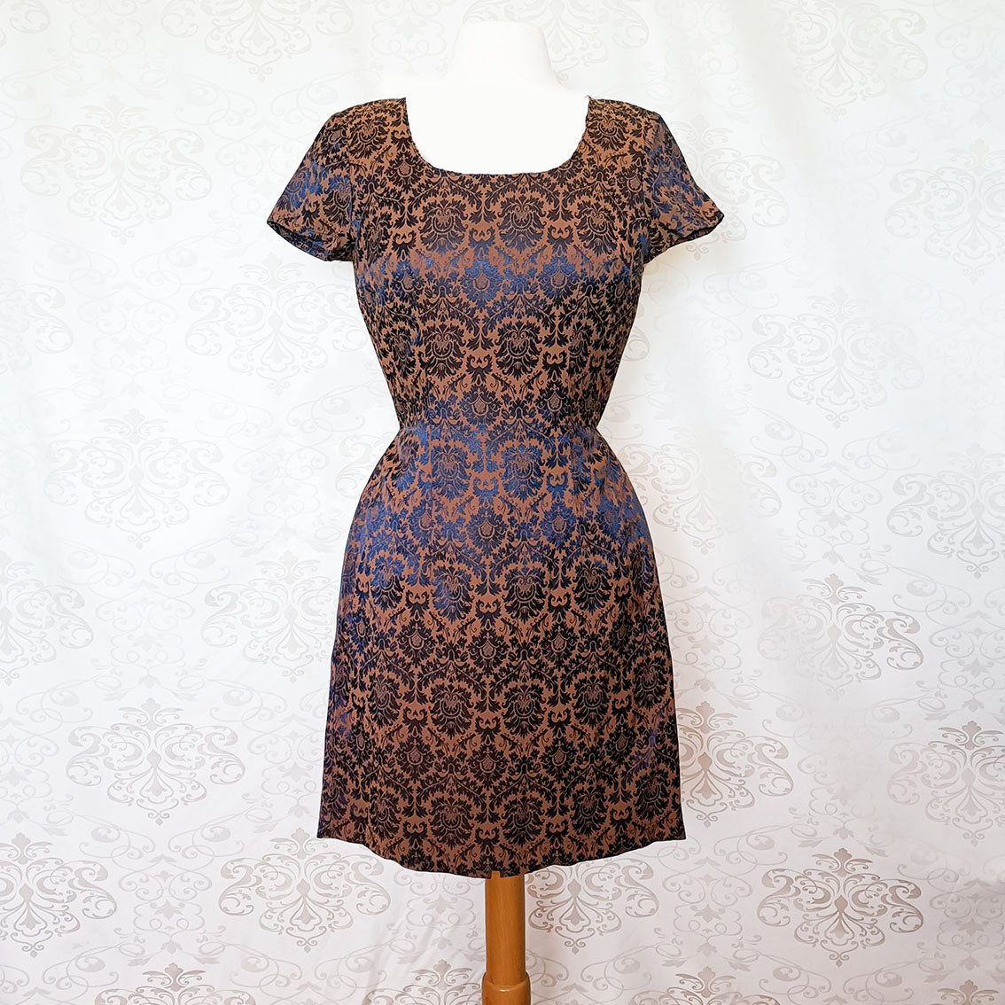 (90s) Navy brown jacquard mini dress - Size 6-8