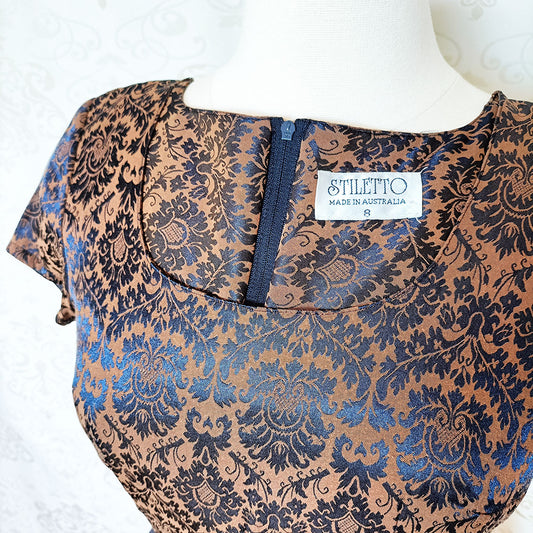 (90s) Navy brown jacquard mini dress - Size 6-8