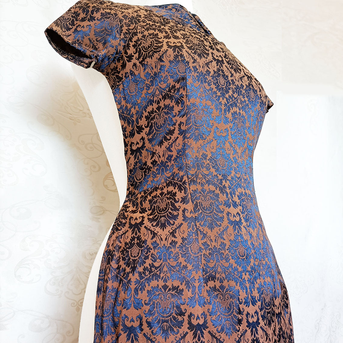 (90s) Navy brown jacquard mini dress - Size 6-8