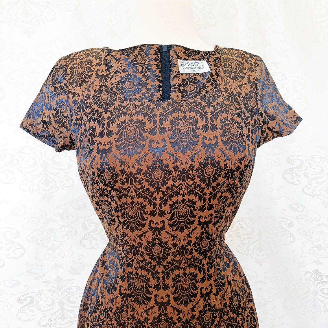 (90s) Navy brown jacquard mini dress - Size 6-8