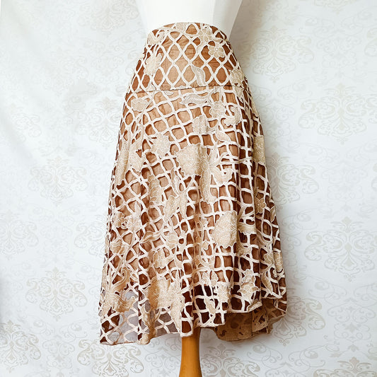 (90s / y2k) Beige brown floral lace midi skirt - Size 12-14