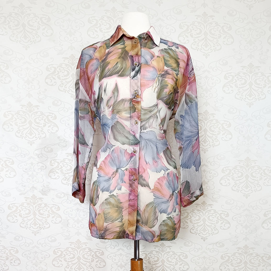 (80s/90s) Pastel abstract long-sleeve blouse - Size 10-12