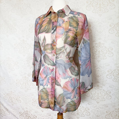 (80s/90s) Pastel abstract long-sleeve blouse - Size 10-12