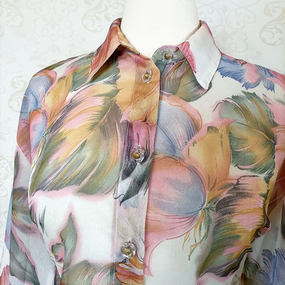 (80s/90s) Pastel abstract long-sleeve blouse - Size 10-12