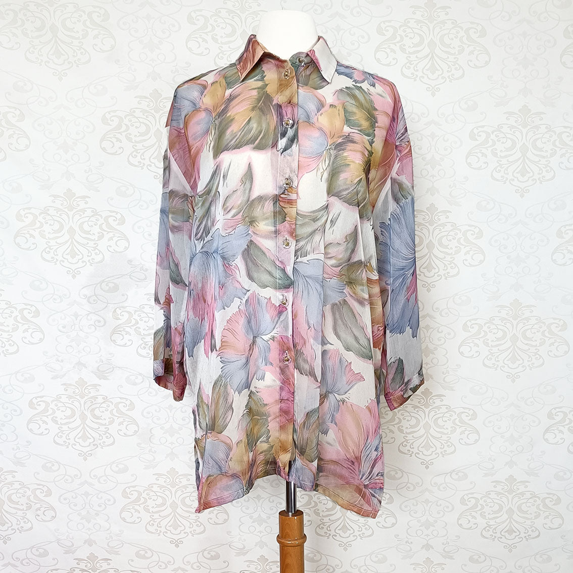 (80s/90s) Pastel abstract long-sleeve blouse - Size 10-12