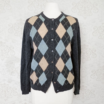 (80s/90s) Argyle pure wool cardigan - Size 8-12