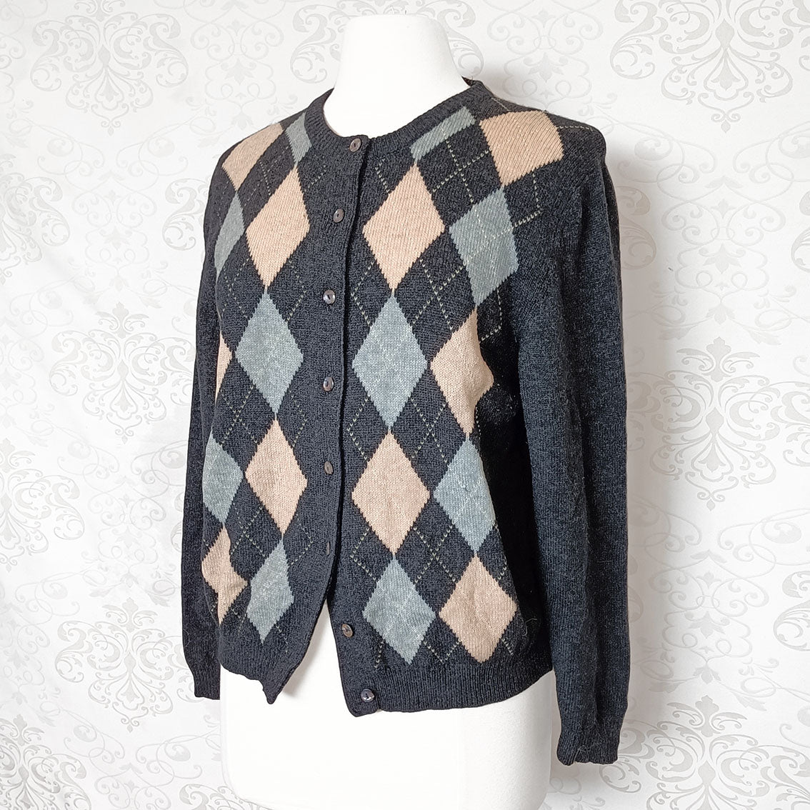 (80s/90s) Argyle pure wool cardigan - Size 8-12