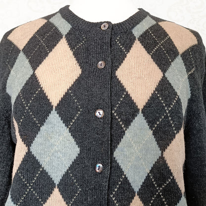 (80s/90s) Argyle pure wool cardigan - Size 8-12