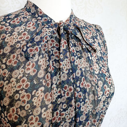 (Modern) Navy blue and brown floral chiffon maxi dress - Size 8-10