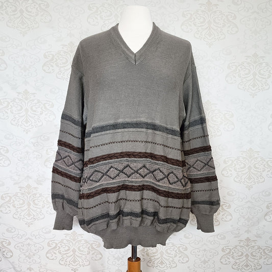 (90s) Gray and brown 100% wool sweater - Size XXL