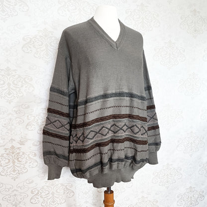 (90s) Gray and brown 100% wool sweater - Size XXL