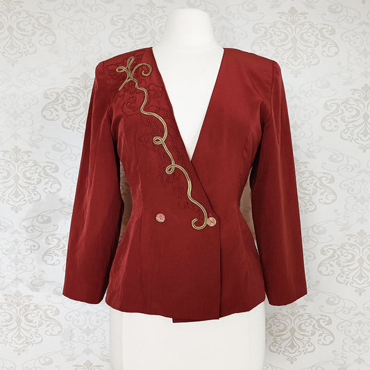 (80s/90s) Gold applique maroon blazer - Size 8-10