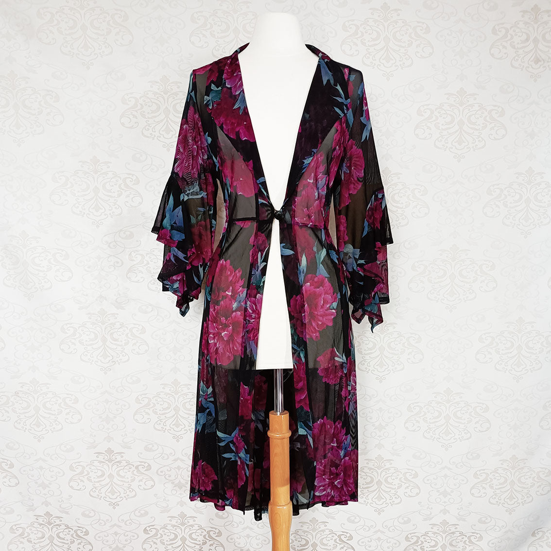 (Modern) Black / Pink floral mesh cardigan dress - Size 8-14