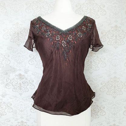 (90s) Embroidered chiffon top - Size 10-12