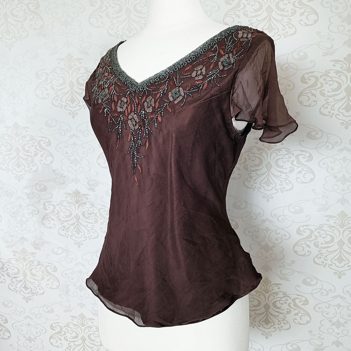 (90s) Embroidered chiffon top - Size 10-12