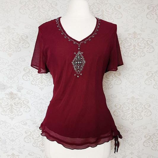 (90s) Embroidered burgundy chiffon top - Size 10-12