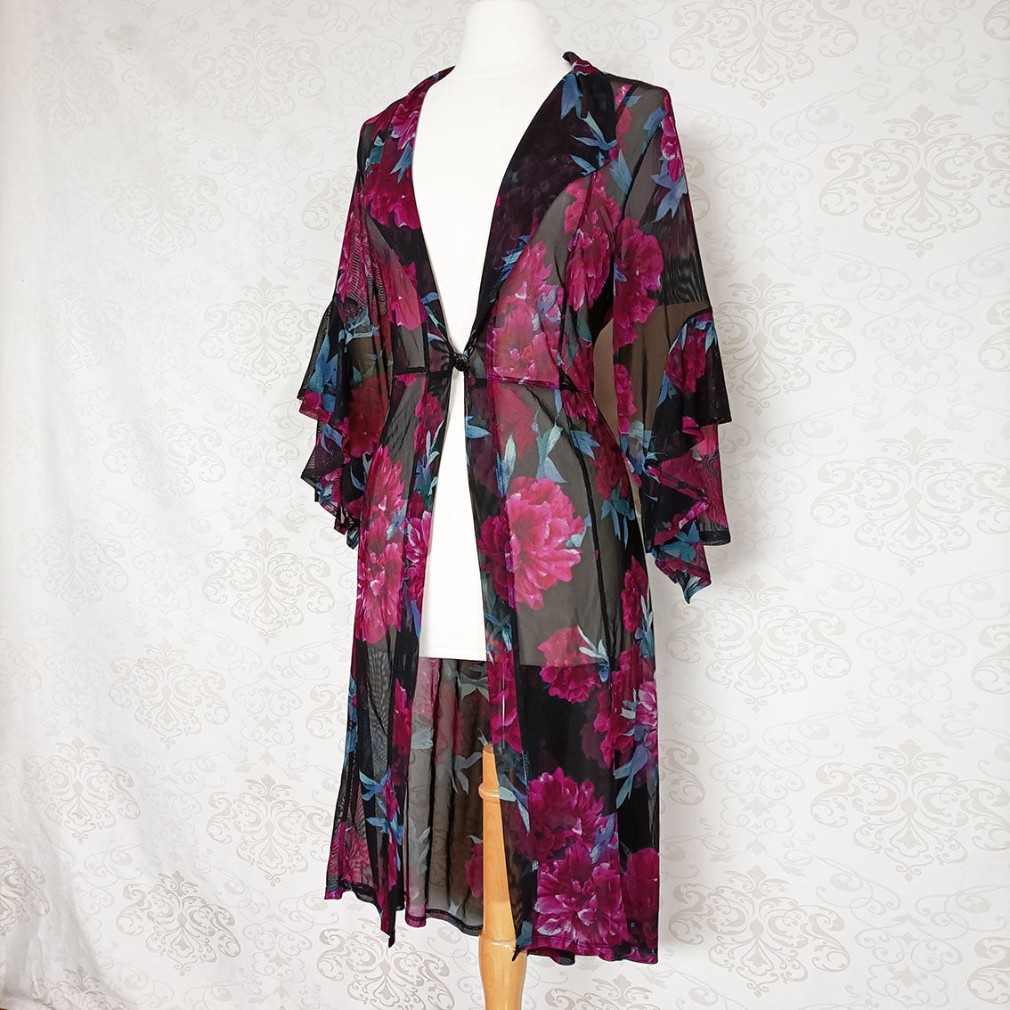 (Modern) Black / Pink floral mesh cardigan dress - Size 8-14