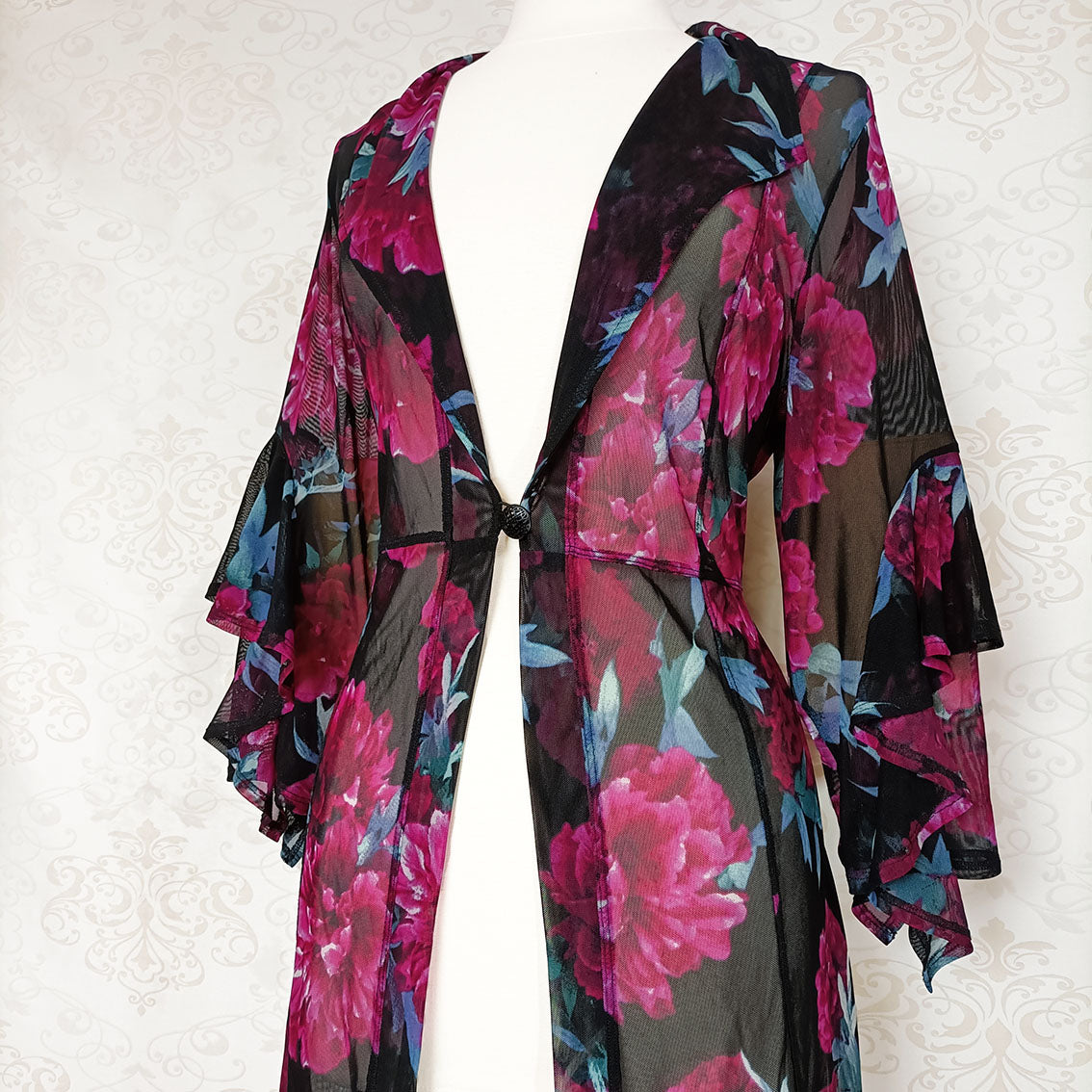 (Modern) Black / Pink floral mesh cardigan dress - Size 8-14