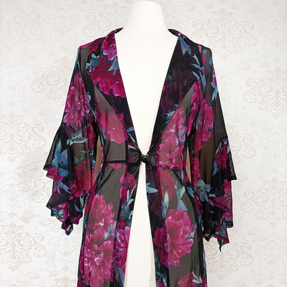 (Modern) Black / Pink floral mesh cardigan dress - Size 8-14