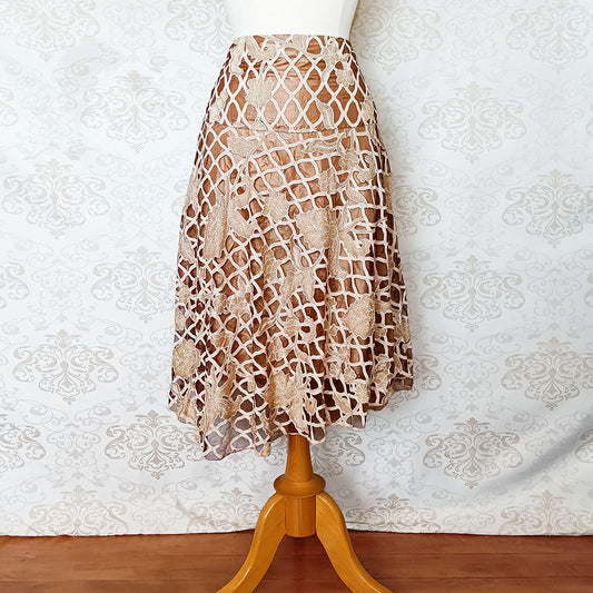 (90s / y2k) Beige brown floral lace midi skirt - Size 12-14