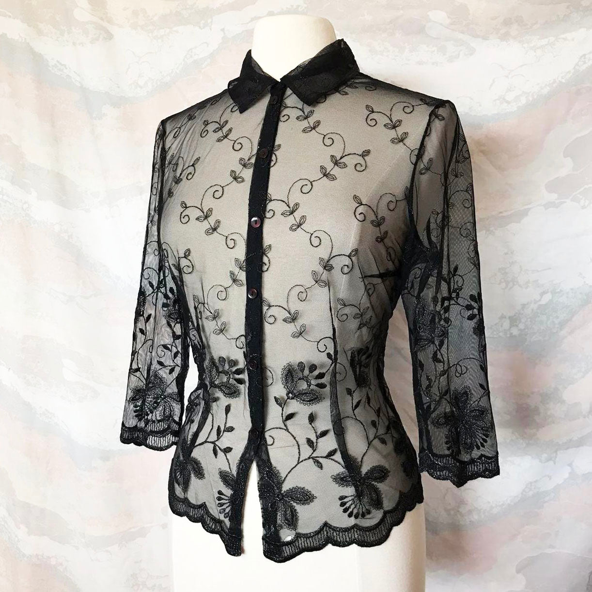 (90s) Sheer black embroidered blouse - DAMAGED