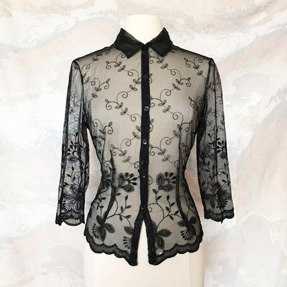 (90s) Sheer black embroidered blouse - DAMAGED