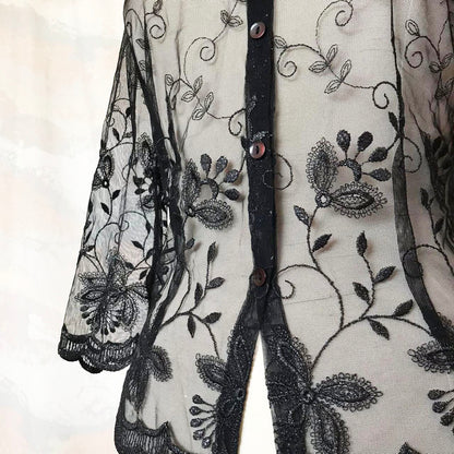 (90s) Sheer black embroidered blouse - DAMAGED